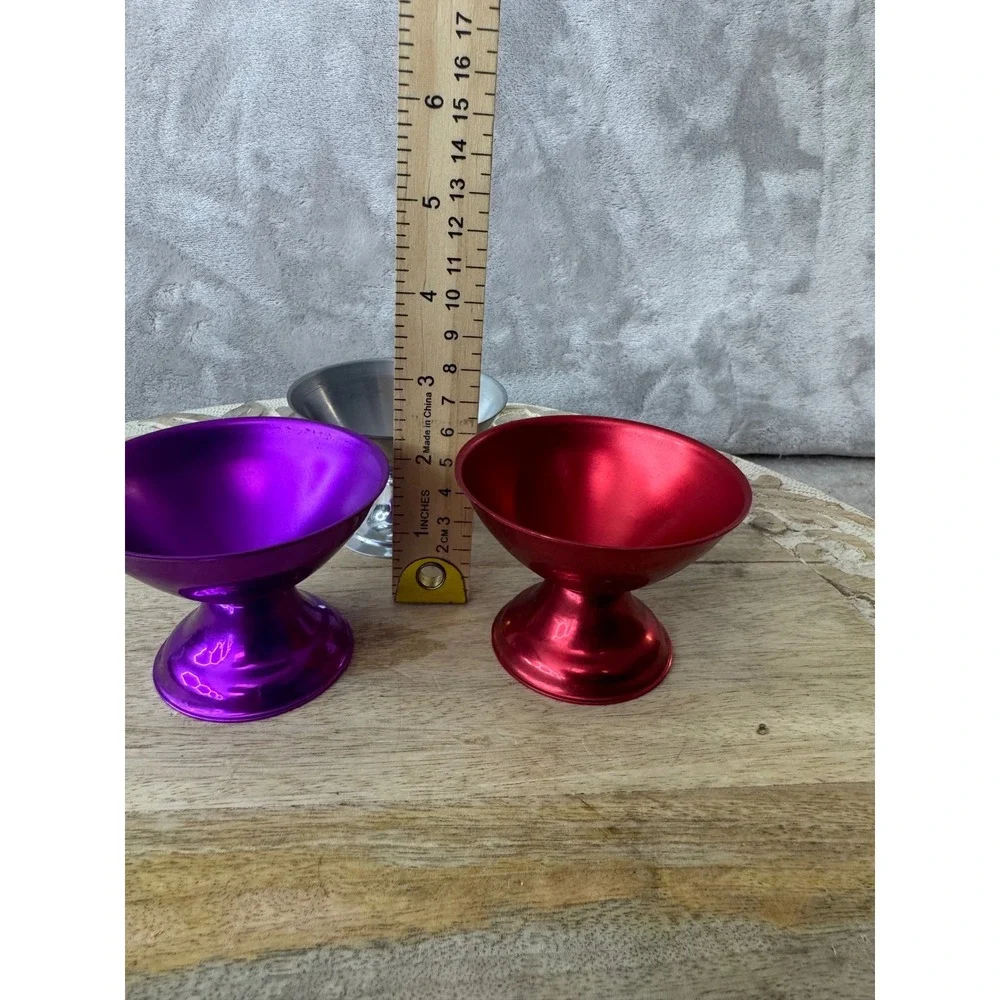 Vintage Style Anodized Aluminum Pedestal Bowls Set of 3 Purple Red Silver MCM